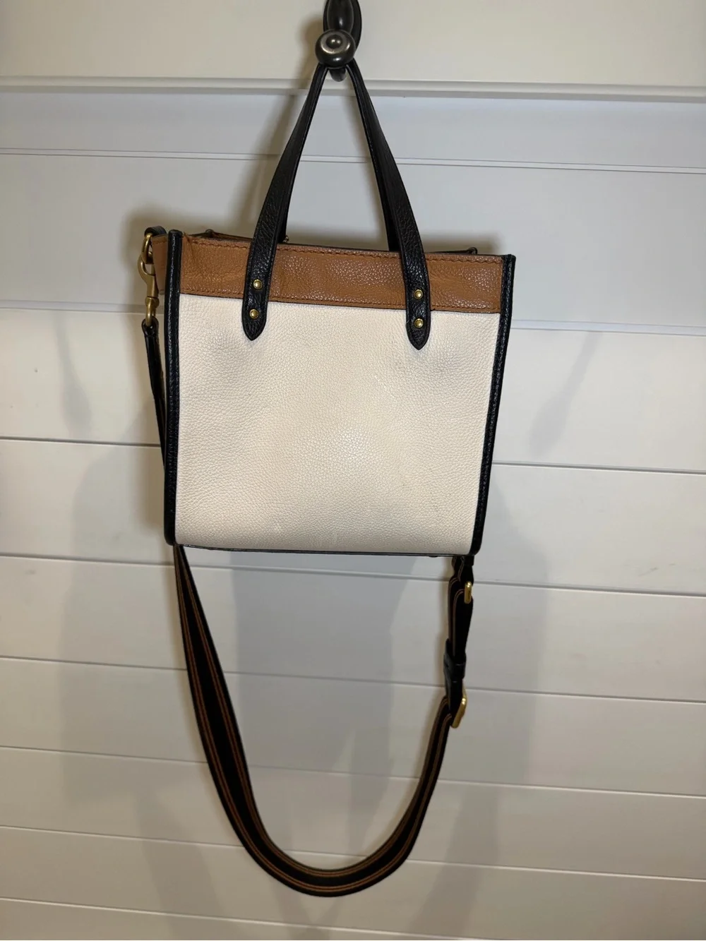 Coach Field Tote 22 White, Tan & Black Leather Crossbody Bag with Strap